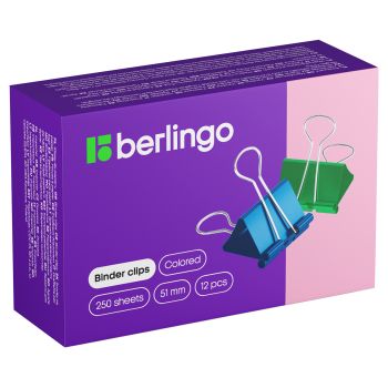 Зажимы для бумаг 51мм, Berlingo, 12шт., цветные, картонная коробка Зажимы для бумаг 51мм, Berlingo, 12шт., цветные, картонная коробка