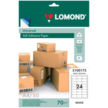 Бумага самоклеящаяся А4 50л. Lomond, белая, 24 фр. (64*33,4), 70г/м2 Бумага самоклеящаяся А4 50л. Lomond, белая, 24 фр. (64*33,4), 70г/м2