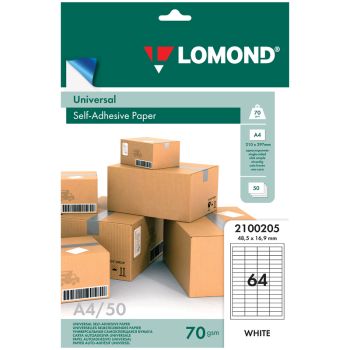 Бумага самоклеящаяся А4 50л. Lomond, белая, 64 фр. (48,5*16,9), 70г/м2 Бумага самоклеящаяся А4 50л. Lomond, белая, 64 фр. (48,5*16,9), 70г/м2